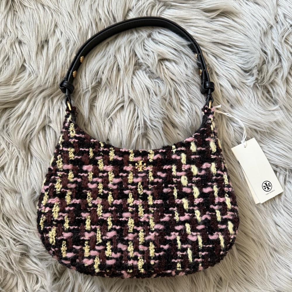 TORY BURCH Emerson Tweed Shoulder Bag Pink Black Wool Blend Baguette Purse NWT